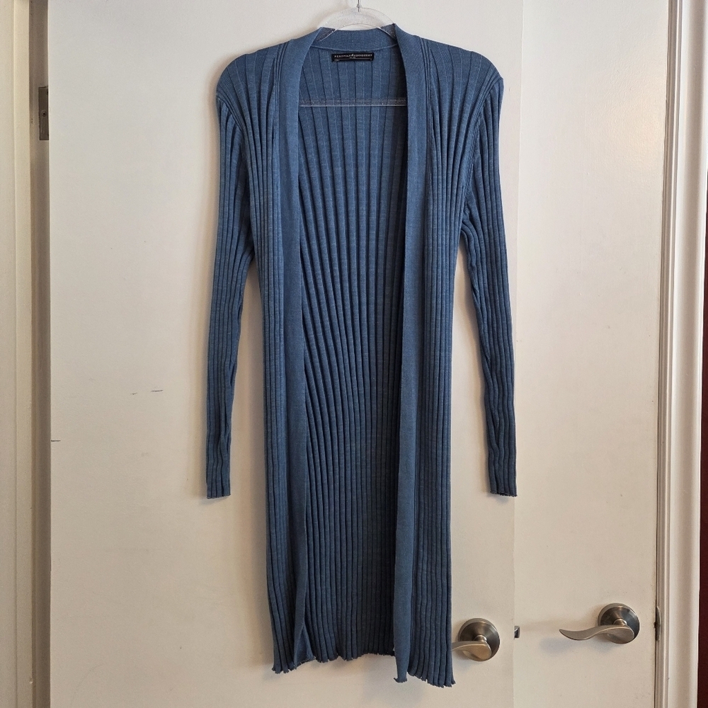 PERUVIAN CONNECTION Blue Ribbed Open Front Cardigan Medium - Picture 3 of 8